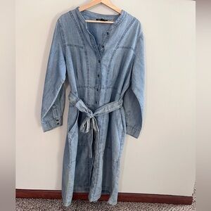 Ashley Stewart Light Wash Denim Button Front Midi Dress Tie Waist Size 18